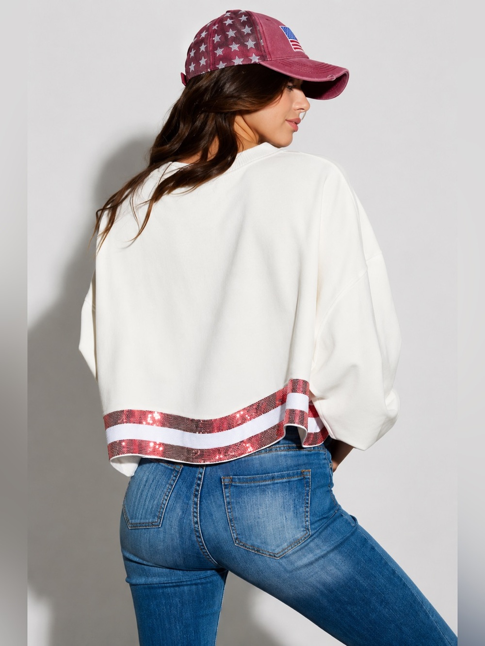 THE AMERICANA CREW LONG SLEEVE SEQUIN CROP PULLOVER SWEATER
White - Picture 6 of 12